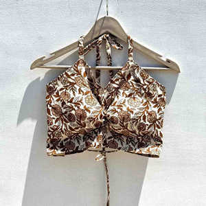 Top de Algodón Tejido Marrón con Diseño Cruzado, Corto, Estilo Étnico, Bralette de Verano para Mujer, Ligero, Transpirable, Sin Mangas - Product Image 1