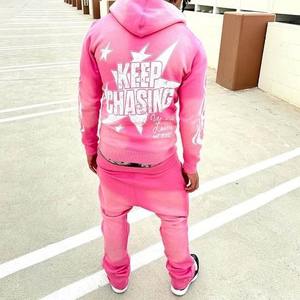 Conjunto de Sudadera con Capucha y Pantalones de Chándal de Algodón 100% Terry con Lavado Ácido, Estampado Serigrafiado Desgastado y Pantalones Acampanados para Invierno - Product Image 4