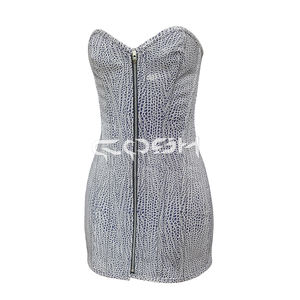 Sweetheart Neckline Overbust <b>Steel</b> <b>Boned</b> White & Black Snakeskin Texture Strapless PVC Mini Dress with Zipper Front - Product Image 1