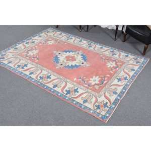 Alfombra clásica de lana de retazos rosa y azul de 6,3x9 pies, alfombra de tejido turco para sala de estar, respaldo de látex con diseño de rompecabezas rectangular - Product Image 2