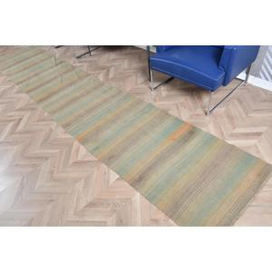 Turkish Kilim <b>Runner</b> Rug 2.5x13 ft (75x395 cm), Vintage <b>Green</b> Persian Wool Rug - Product Image 5