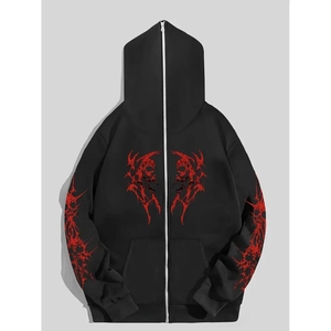 Custom 100% Cotton Thermal Full-<b>Zip</b> <b>Black</b> <b>Hoodie</b> with Eye-Catching Red Graphic Print-Winter Streetwear for Men and Women - Product Image 1
