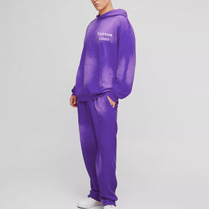 Conjunto Deportivo Personalizado para Hombre, Estilo Urbano, Tejido Grueso, Desgastado por el Sol, Algodón Desgastado, Corte y Costura, Sudadera con Cremallera y Pantalones Deportivos con Lavado Ácido - Product Image 1