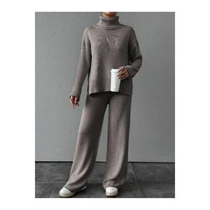 ชุดเซ็ตถักลายเคเบิลสีแอนทราไซต์สำหรับผู้หญิง พร้อมปกคอแบบริบและผ่าข้าง ชุดเซ็ตผู้หญิงที่ใส่สบาย - Product Image 5