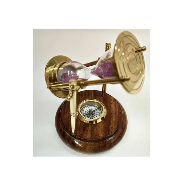 High on Demand Table Top Brass Hourglass Brass Sand Timer with Working Compass in Wood Base from Indian Exporter