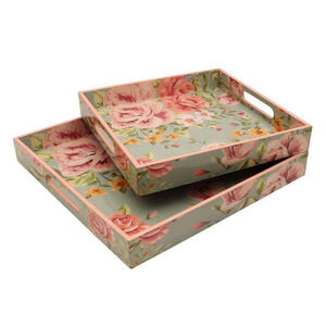 Bandeja de almacenamiento decorativa rectangular de diseño Floral esmaltado moderno Bandeja de servicio de madera con asas de corte - Product Image 2