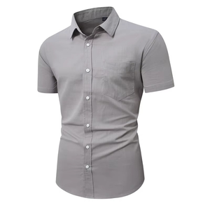 Couleur pure hommes chemise à manches courtes simple boutonnage col rabattu Spandex/Polyester automne fil teint Smart décontracté bureau - Product Image 5