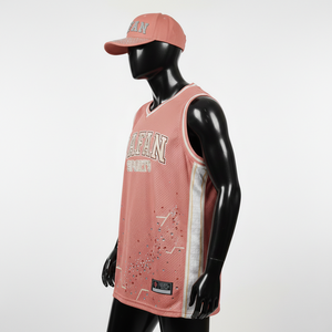 เสื้อบาสเก็ตบอลผู้ชาย ผ้าโพลีเอสเตอร์ตาข่ายคุณภาพพรีเมียม 180 GSM ระบายอากาศได้ดี สีชมพู แผงข้าง โลโก้แบบรีดร้อน เสื้อผู้ชาย - Product Image 4