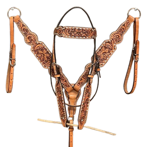 EquiElite Exports - Juego de arreos para caballo de cuero con diseño floral ligero, con puntadas plateadas y puntos, estilo western, incluye cabezada y pechera - Product Image 1