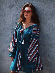 Blusa ucraniana de lino personalizada, conjunto de vestido largo, flor bordada de Ucrania, cuello redondo, pluma, mejor precio, tradicional, el mejor - Product Image 5