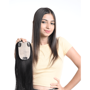 Topper capillaire avec frange, extensions de cheveux, base en soie et extensions de cheveux 100% naturels - Product Image 3