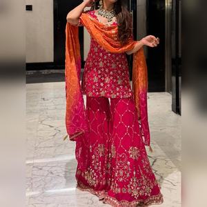 ชุดชารารา ซาลวาร์ กามีซ ผ้าจอร์เจต์หรูหรา พร้อมเสื้อปักลายด้วยด้ายอย่างดี และกางเกงชารารา ผ้าจอร์เจต์ พร้อมผ้าคลุมไหล่ สำหรับใส่เที่ยวแบบสบายๆ - Product Image 2