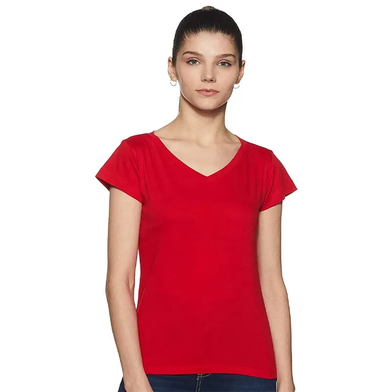 Casual V Neck T-shirts Women V Neck T Shirts Custom Blank T Shirt V Neck With Your Logo red dyed Customized women t shirts