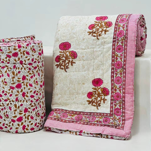 <b>Indian</b> Luxury Kantha <b>Quilt</b> Handmade Jaipur Cotton Queen US King Size Hand Block Print Blanket Best Price for Hotels - Product Image 1