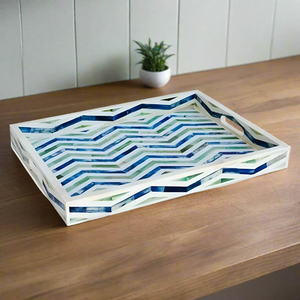 Bandeja de incrustaciones de hueso rectangular con patrón de Chevron multi-azul, decoración moderna para el hogar, disponible a precios al por mayor. - Product Image 1