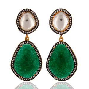 Pendientes de plata con gema de Aventurina, joyería hecha a mano con gema de cristal Polki, de diseño, chapado en oro, Verde