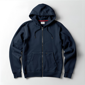 Sweat-shirt à capuche à double fermeture éclair en molleton de coton bleu marine avec logo personnalisé et fabricant d'options OEM/ODM - Product Image 3