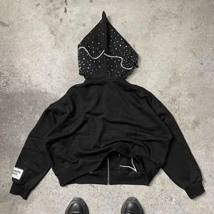 Fabricante profesional Impresión de logotipo personalizado Boxy Cropped Hoodie Hombres Oversized Fit 470Gsm Grueso Algodón Rhinestone Hoodie - Product Image 4