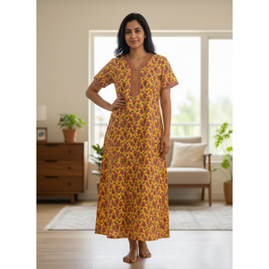 Vestido de Dormir 100% Algodón con Estampado Jaal Hecho a Mano, Camisón Suave Tejido con Diseño Floral y Cierre de Botones, Talla 3XL para Damas de Honor - Product Image 1