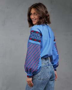 Azul de alta calidad de manga larga globo cuello redondo fiesta desgaste Rumania blusa 2025 Venta caliente blusa bordada para adultos - Product Image 2