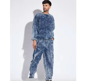 Conjunto de chándal azul lavado para hombre, Sudadera de cuello redondo de dos piezas con logotipo personalizado y pantalones para correr, ropa deportiva, venta al por mayor, OEM - Product Image 2