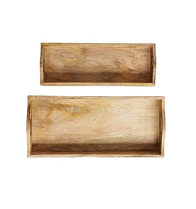Ensemble de 2 plateaux rectangulaires en bois de manguier, plateau roulant rond, plateaux de service en bois pour le petit-déjeuner - Product Image 1