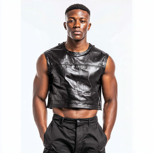 เสื้อครอปหนังแขนกุดสำหรับผู้ชายเสื้อครอปหนังวินเทจแฟชั่นออกแบบได้ตามต้องการ - Product Image 3