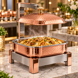 Plat à réchaud rond de luxe en acier inoxydable martelé, durable et écologique, avec couvercle suspendu, pour buffet et maintien au chaud des aliments - Product Image 2