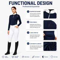 Damen Marine Reitshirt mit Viertelreißverschluss, feuchtigkeitsableitend, weißem Besatz und Mesh-Einsatz, Langarm, OEM-kundenspezifisch