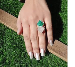 Fait à la main en argent Sterling 925 Style Boho double pierre précieuse bague Malachite pierre de lune chrétien déclaration bijoux cadeau pour les femmes - Product Image 1