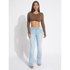 Pantalones Vaqueros de Mezclilla para Chicas, Estilo Y2K, Color Azul Hielo, Cintura Alta, Corte Ajustado, 100% Algodón, Resistentes a la Decoloración y Transpirables - Product Image 6