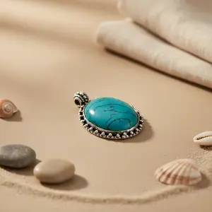 Colgante de Plata 925 con Turquesa, Gema Ovalada Hecha a Mano, Joyería Religiosa, Regalo, Chapado en Oro Rosa con Rodio, Dijes - Product Image 3