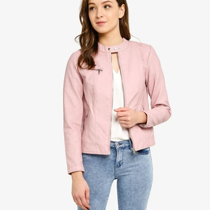Veste en cuir matelassée pour femme, coupe moderne, col montant en peau de mouton, respirante, élégante, design tissé, spandex, chic, unie - Product Image 1