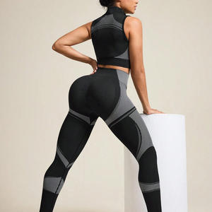 Tenue d'entraînement 2 pièces pour femmes OEM Chemise respirante à fermeture éclair Leggings élastiques à taille haute en dentelle Logo personnalisé pour l'entraînement - Product Image 2