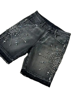 Pantalones cortos de mezclilla para hombre de primera calidad 100% algodón patrón sólido logotipo personalizado con bordado angustia diamantes de imitación Chenille Patchwork - Product Image 1
