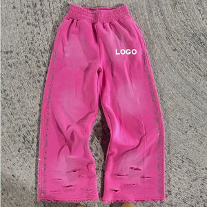Pantalones de chándal de pierna recta lavados desgastados gruesos con adornos de diamantes de imitación personalizados OEM ODM, pantalones de chándal teñidos lisos - Product Image 3