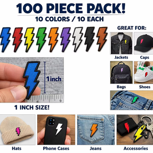 100 patchs thermocollants en forme de éclair, broderie multicolore, 10 couleurs, 10 de chaque – pour vestes, chapeaux, sacs, bricolage - Product Image 1