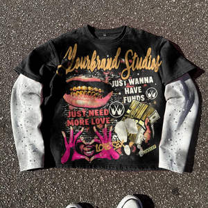 T-Shirts Sun Faded Distressed Vintage Washed Front Custom Blank Heat-Transfer Printed Streetwear Boxy Fit Double Layer Sleeve - Product Image 1