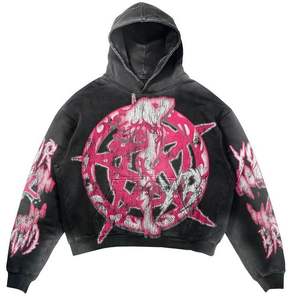 Custom Logo Embroidery <b>Oversize</b> Cropped Pullover Vintage Screen Printed DTG Distressed Flared <b>Sweatpants</b> and Hoodie Set Men - Product Image 2