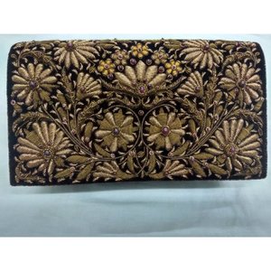 Embrayage en toile pour femmes à la mode avec haut à fermeture éclair à la mode Zari broderie Semi pierres précieuses perle chaîne perles serrure décoration - Product Image 3