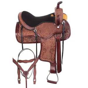 ชุดอานไม้มะฮอกกานีแบบตะวันตกโบราณแกะสลักด้วยมือหนังแท้10 "-16" - Product Image 1