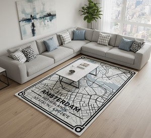 Tapis écologique en laine 100% touffeté à la main avec carte de la ville d'Amsterdam Tapis doux personnalisé au design urbain moderne pour le salon de la maison - Product Image 1