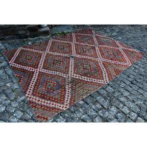 Tapis en Latex de Laine Turque Vintage 5.9 X 8.2ft Motif de Patchwork Traditionnel Rouge Vert pour Décor de Couloir de Salon - Product Image 3