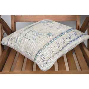 Almohada de retazos Kantha de lana Beige, almohada rústica esponjosa bordada Vintage de lujo de 14x14 pulgadas para uso en el suelo - Product Image 4