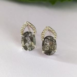 <b>Black</b> Rutile Quartz Stud <b>Earrings</b> 925 Sterling Silver 14K <b>Gold</b> Plated Vintage Style Handmade Gemstone Jewelry Gift - Product Image 1