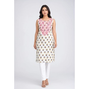 Kurta Casual Blanca de Algodón con Bordado Floral para Mujer, Tallas Grandes, Transpirable, Corte Holgado, Cintura Natural, Cuello Joya - Product Image 1