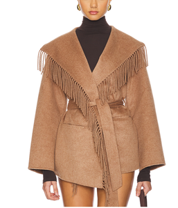 تصنيع مخصص معطف الجمل شال طوق حزام مهدب تنحنح طويل معطف واق من المطر نمط بوهيمي معطف طويل للنساء - Product Image 3