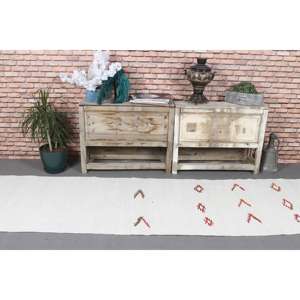 Alfombra Turca de Lana, 2.6x11.3 pies, Blanca con Rayas Rojas - Product Image 2