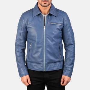 <b>Men's</b> Blue <b>Sheepskin</b> Aniline Zipper Leather <b>Jacket</b> with Viscose Lining Highly Breathable Embroidery <b>jacket</b> for <b>men</b> - Product Image 6