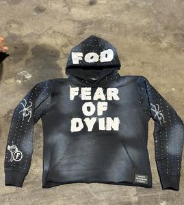 Streetwear fabricant personnalisé Écusson de broderie en éponge française Acid Washed Boxy Cropped Rhinestone Hoodie pour hommes - Product Image 4